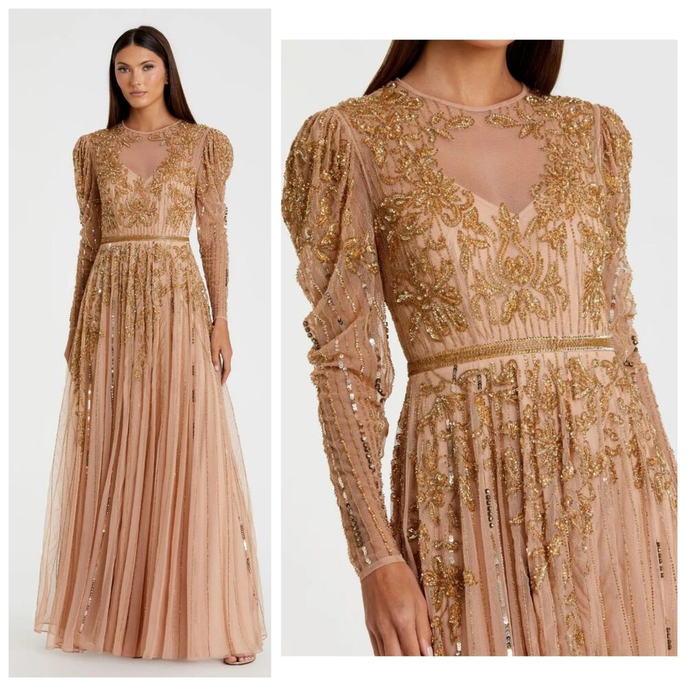 Mac Duggal 93638 Beaded Illusion Long Sleeve Gown Nude Gold Dress 16